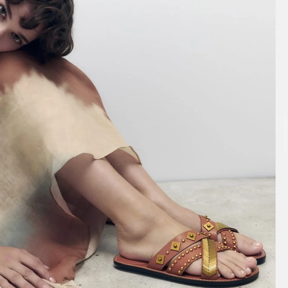 Zara leather sandals gold metallic details made in India - Picture 5 of 8